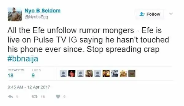 2017 #bbnaija: Efe Did Not Unfollow Anyone On Instagram (See This)